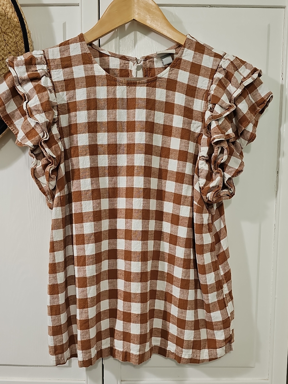 a new day Brown and White Gingham Ruffle Sleeve Dress